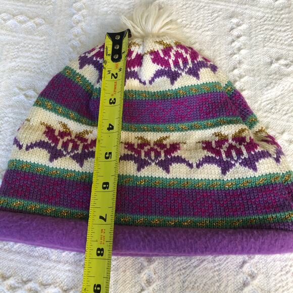 VTG 90s Y2K Turtle Fur Knit Pom Beanie Purple Fair-Isle Wool Blend OS USA Ski - Picture 9 of 10